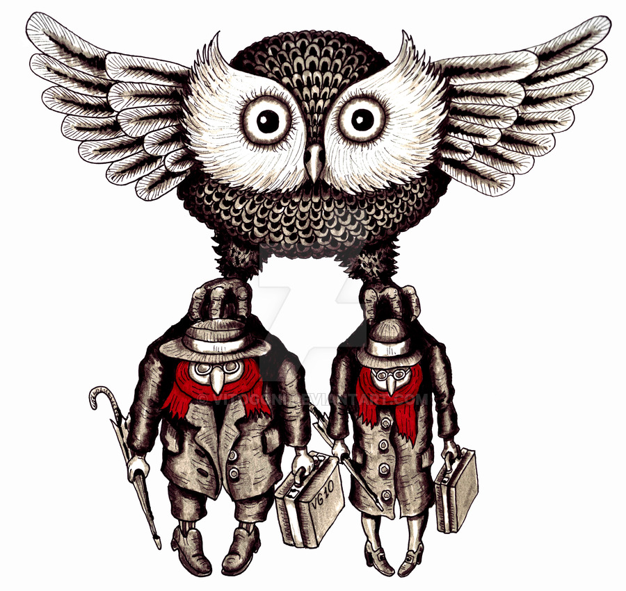 900x851 Owl With Two People Surreal Pen Ink Drawing