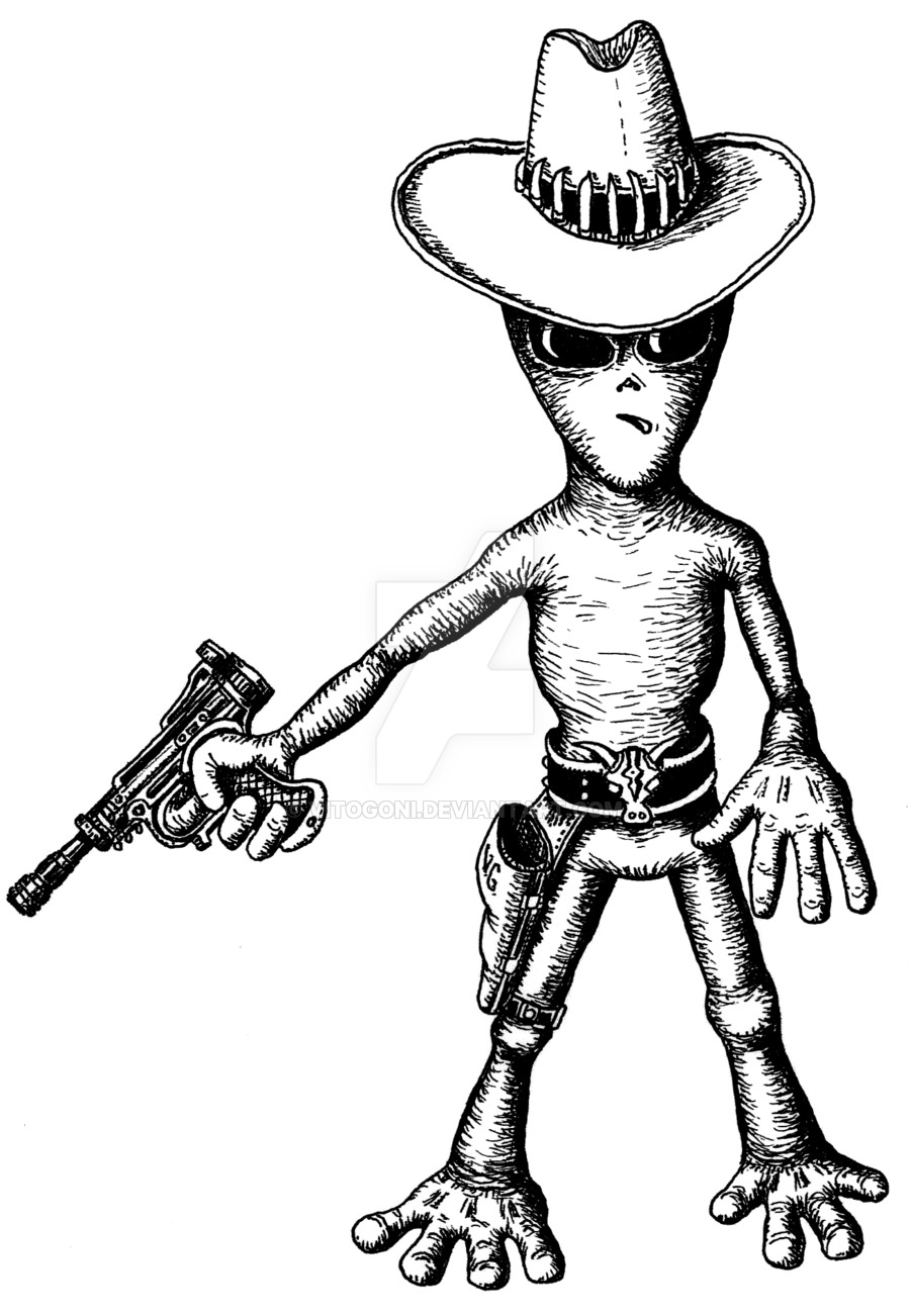 900x1302 Alien Cowboy Funny Black And White Pen Ink Drawing