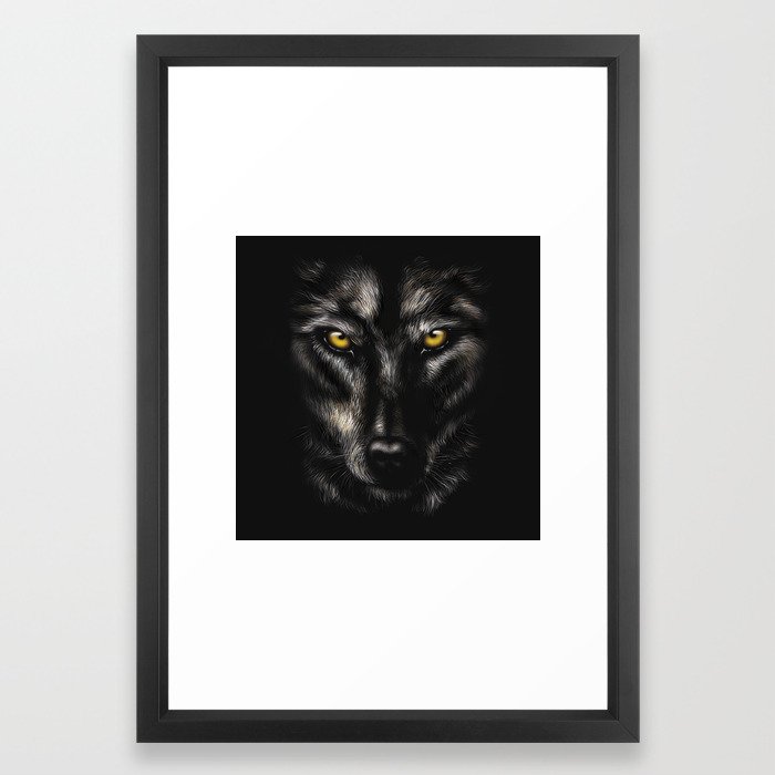 700x700 Hand Drawing Portrait Of A Black Wolf On A Black Background Framed