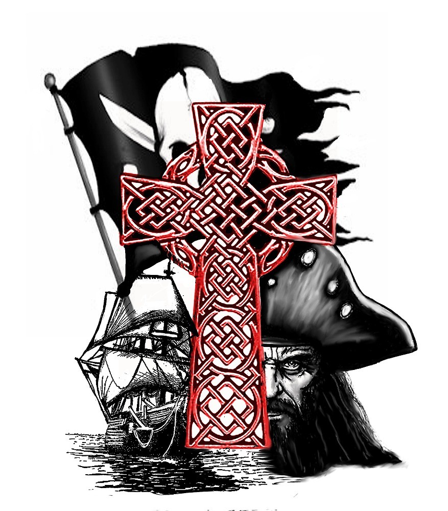 877x1000 celtic cross with a pirate ship and captain blackbeard