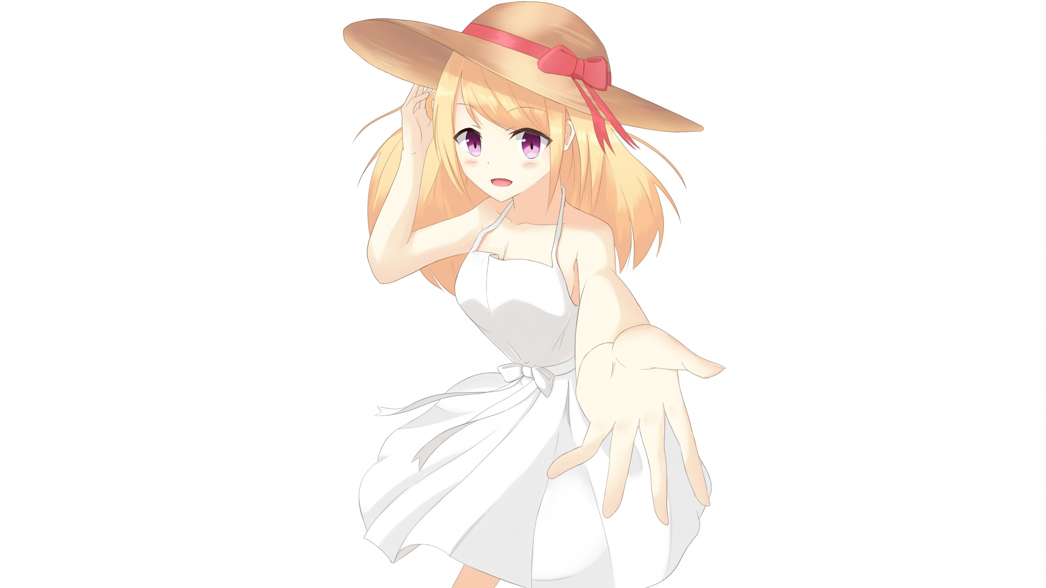 2048x1152 Download Wallpaper Cute, Anime Girl, Blonde, Hat, Summer