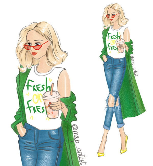 600x653 walking blonde girl fashion illustration on wacom gallery