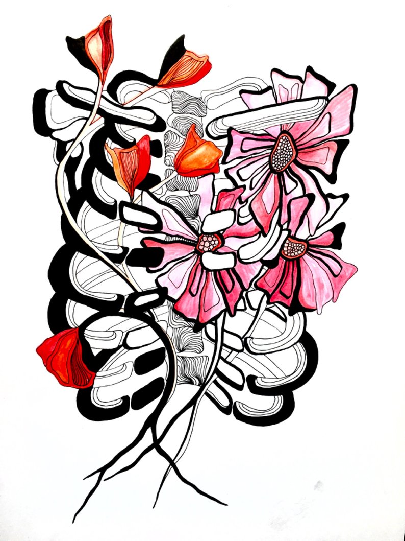 794x1059 chest in bloom ink drawing poppies skeleton etsy