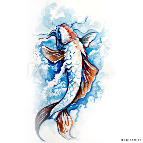 500x500 japanese carp, fish tattoo drawing in blue colors with watercolor