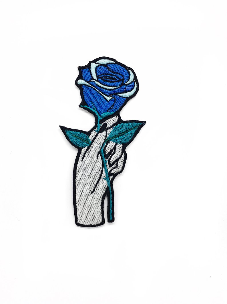 794x1066 iron on patch hand with blue rose patch embroidered patches etsy