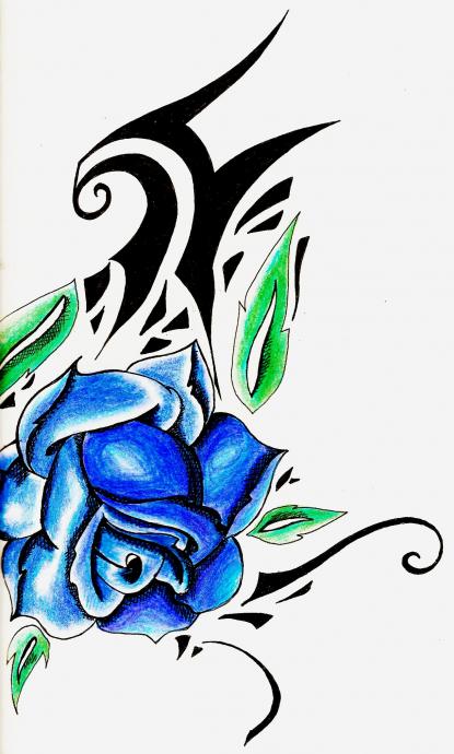 415x690 blue rose combine with tribal tattoo sketch design