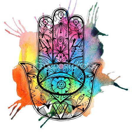 448x449 hand drawn boho hamsa hand with watercolor tattoos