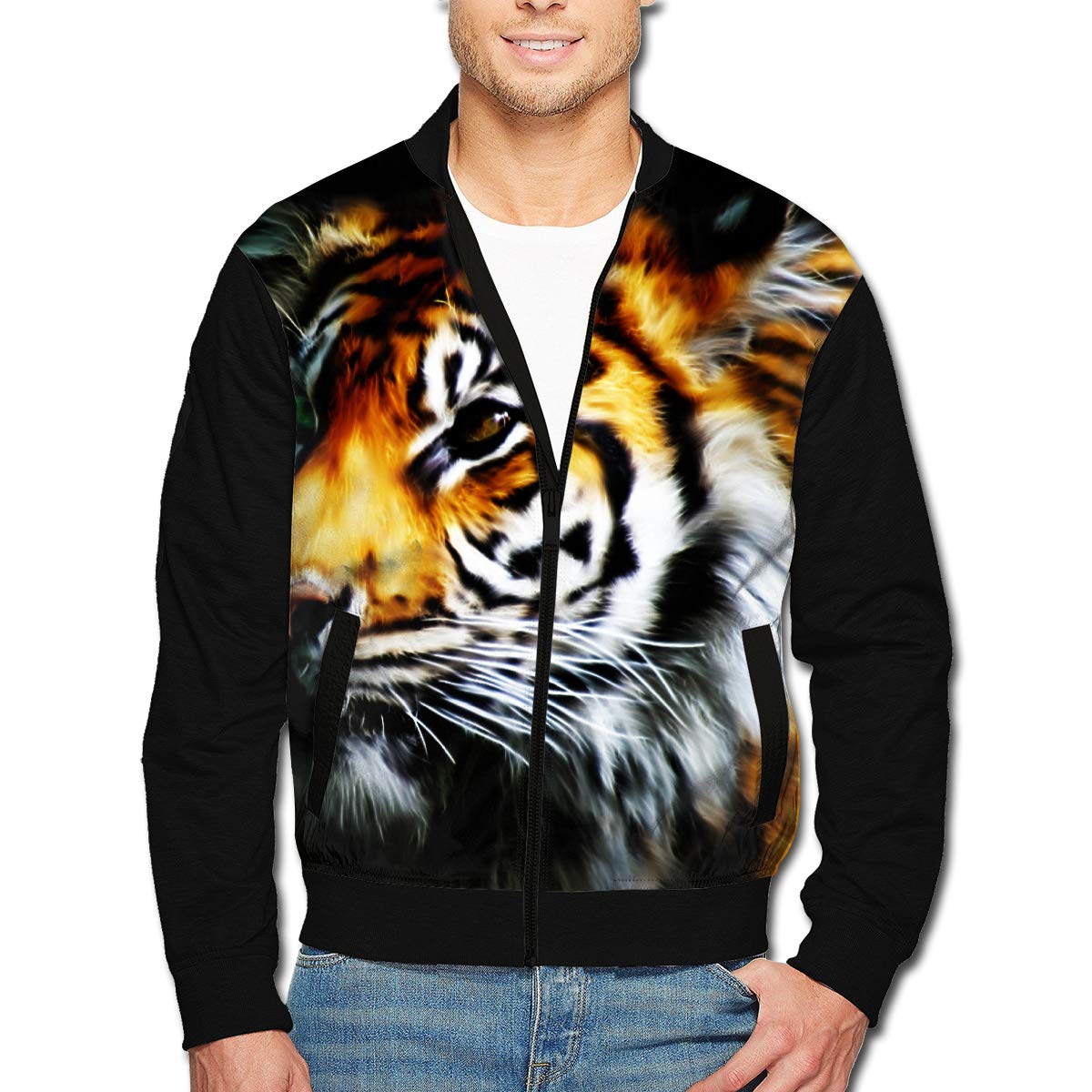 1200x1200 Men's Drawing Tiger Baseball Bomber Jacket Casual Full Zip