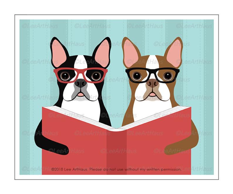 794x662 Dog Artwork Two Boston Terrier Dogs Reading Book Wall Etsy
