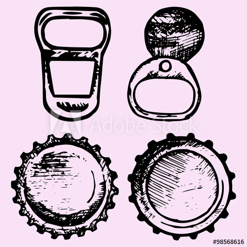 500x500 Set Of Bottle Caps, Metal Ring Pull, Doodle Style, Sketch