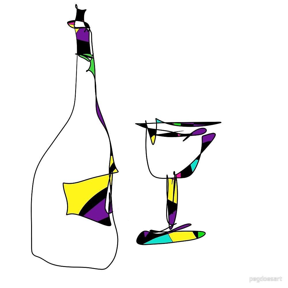 1000x1000 Wine Bottle And Wine Glass Colorful Line Drawing Art