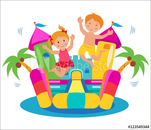 500x429 Cute Kids Jumping On A Bouncy Castle Set Cartoon Illustrations