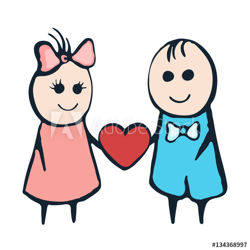 500x500 Cartoon Painted Lovers Boy And Girl With Heart On A White