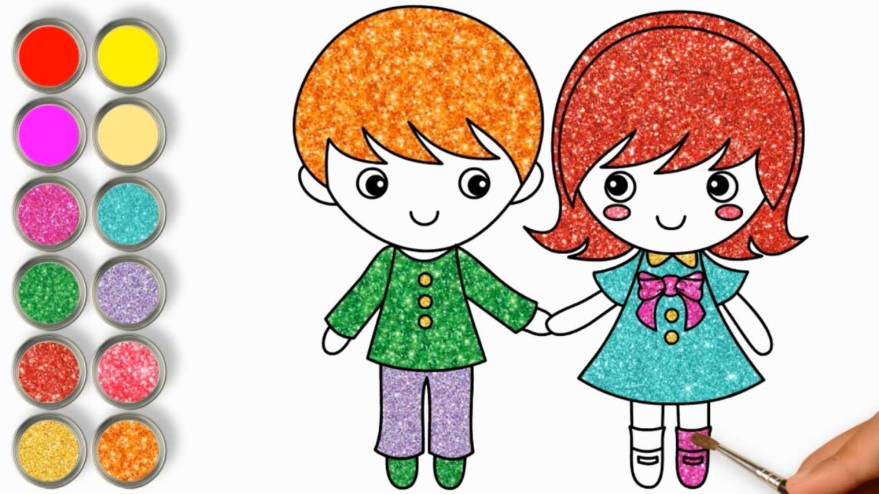 1280x720 How To Draw Little Boy And Girl With Colored Glitter Drawing