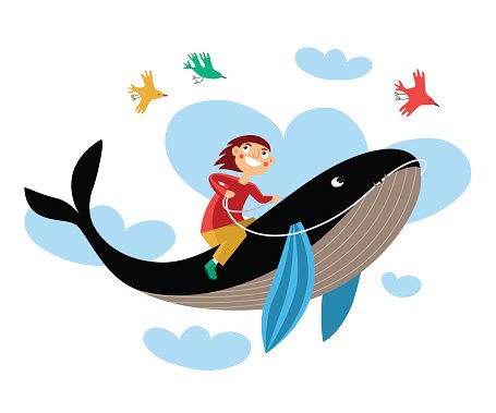 455x379 Drawing Boy Sitting Astride A Whale Premium Clipart