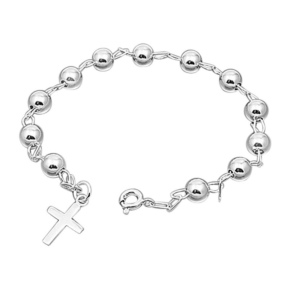 1000x1000 Women Sterling Silver Bead Plain Cross Charm Rosary Bracelet