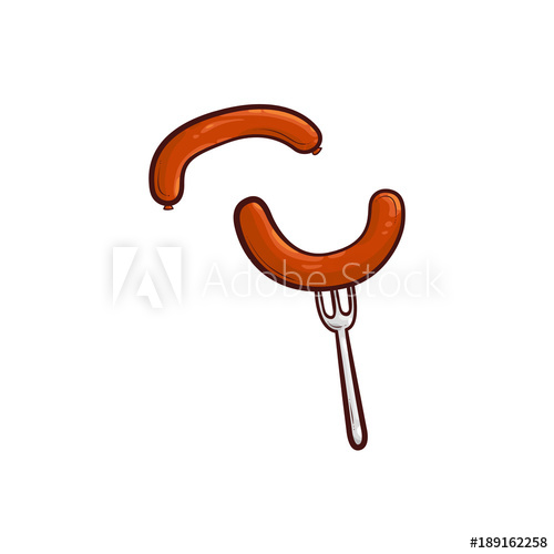 500x500 grilled, barbequed meat sausage, separate and on fork, sketch