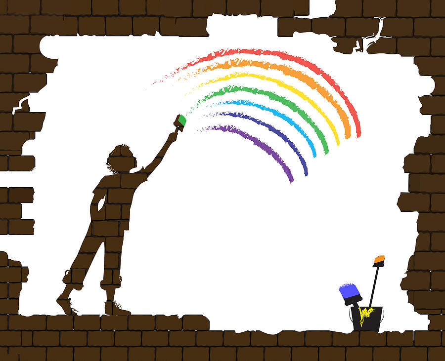 900x731 Boy Draws A Rainbow On The Old Broken Brick Wall, Life After War
