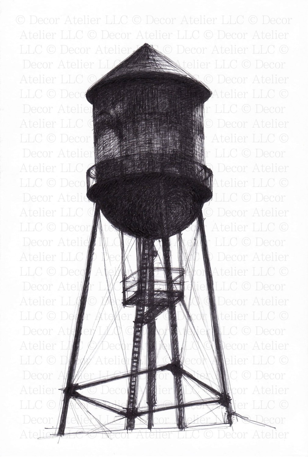 1010x1500 Brooklyn Water Tower Drawing Free Shipping Etsy