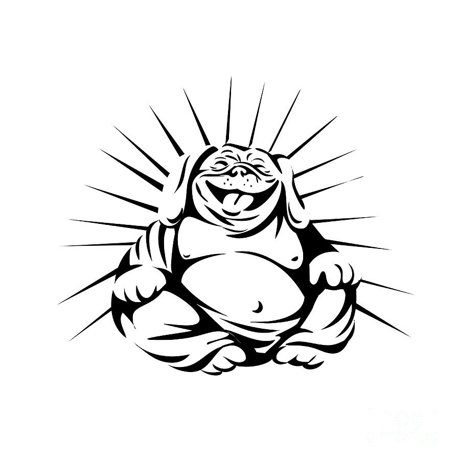 900x900 Laughing Bulldog Buddha Sitting Black And White Digital Art