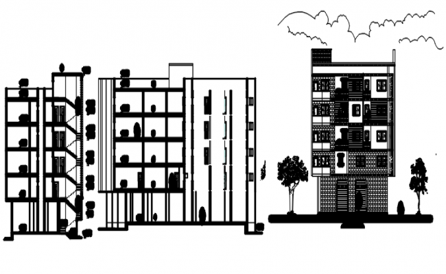 650x400 drawing of a residential building with elevation in autocad