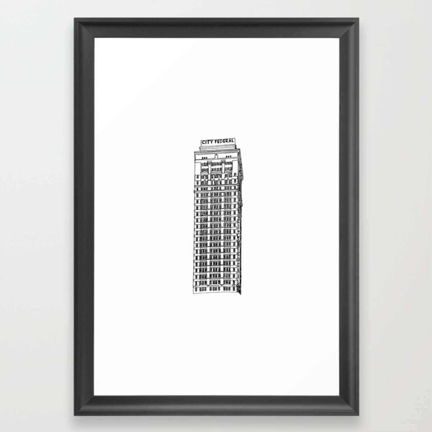 1500x1500 city federal building, birmingham al one line drawing framed art