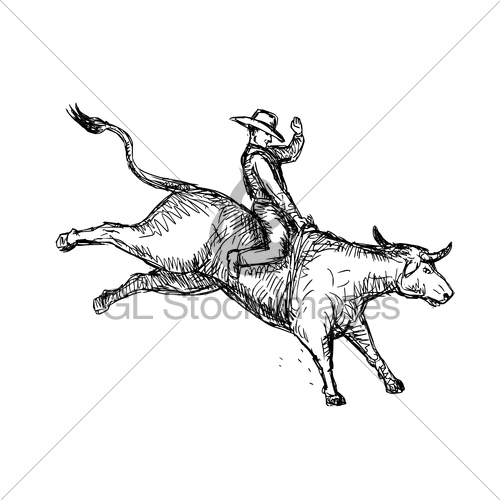500x500 Bull Riding Rodeo Cowboy Drawing Gl Stock Images