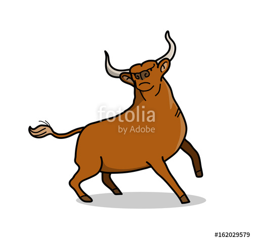 500x475 Brown Bull, A Hand Drawn Vector Cartoon Of A Bull With Big Horns