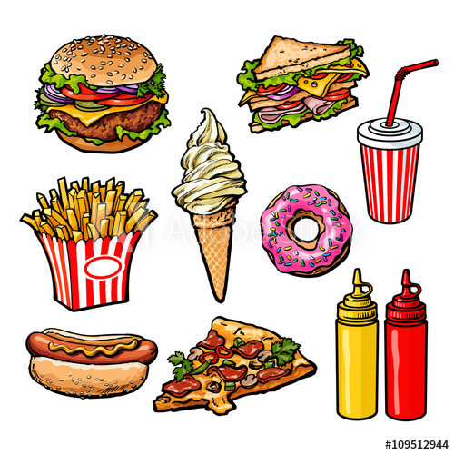 500x500 set fast food meal, sketch hand drawn elements of fast food, ice