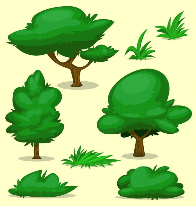 626x658 Cartoon Isolated Tree Bush Grass Drawing Template Set Vector