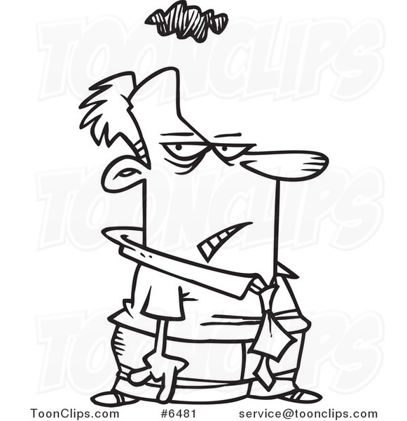 581x600 cartoon black and white line drawing of a gloomy business man