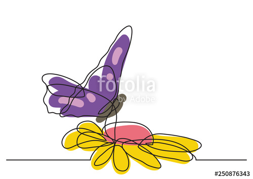 500x354 Single Line Drawing Of Butterfly And Flowers Stock Image