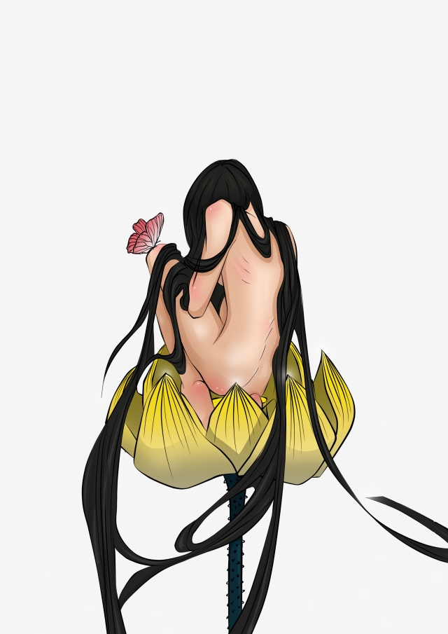 640x905 long hair long haired girl red butterfly yellow lotus, lotus