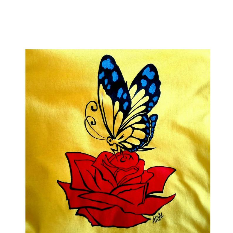 794x794 butterfly t shirt rose tshirt flower t shirt hand painted t etsy