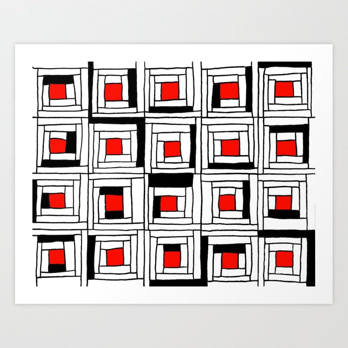 700x700 Black, White And Red Log Cabin Drawing Art Print