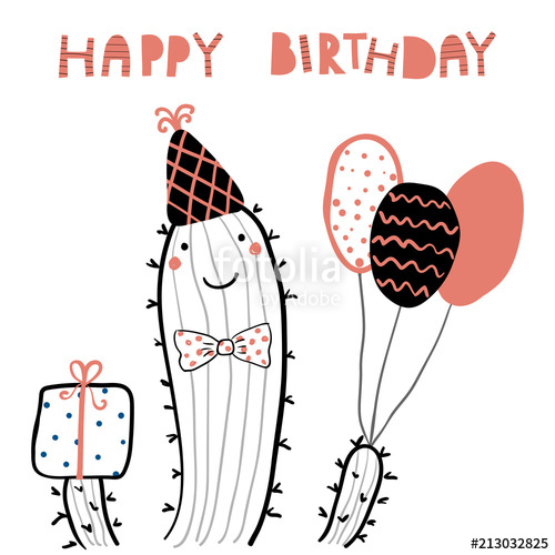 500x500 Hand Drawn Birthday Card With Cute Funny Cactus In A Party Hat