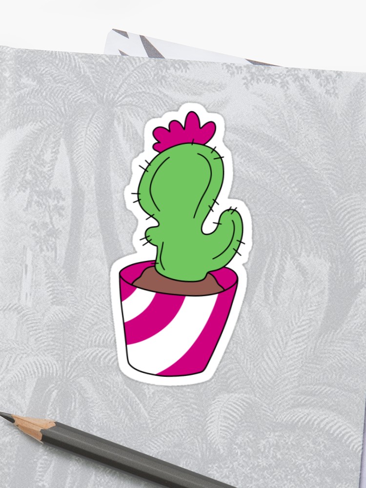 750x1000 Flower Cactus In A Striped Pot Sticker