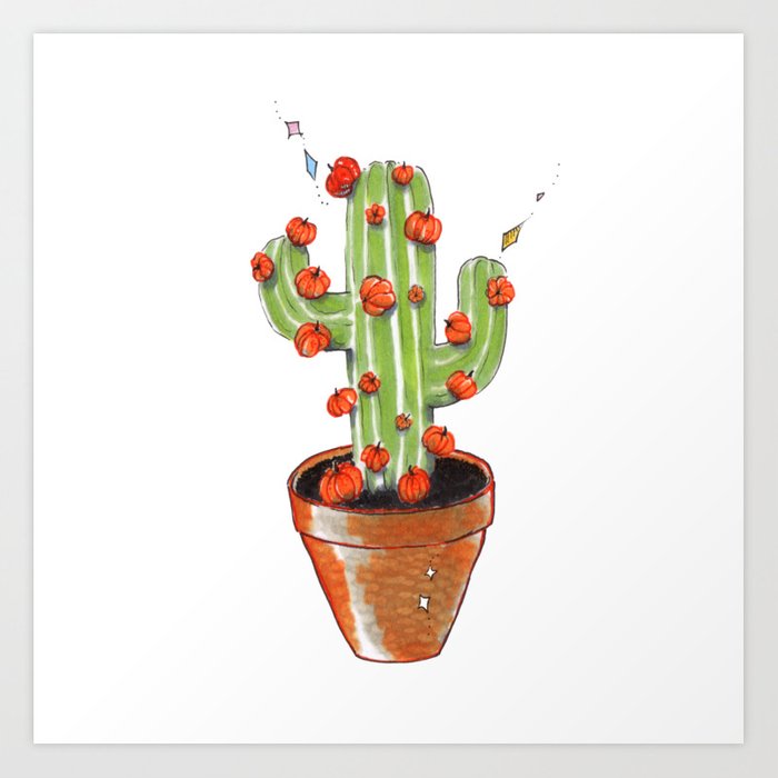 700x700 Cactus Blooming With Pumpkins, Original Copic Drawing Art Print