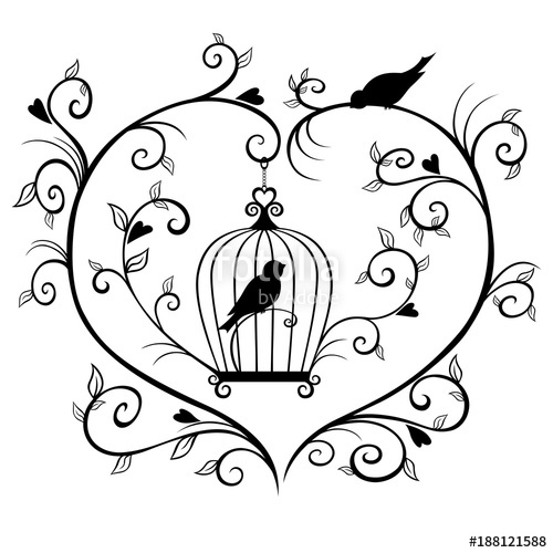 500x500 caged bird silhouette framed with branches in the shape of a heart