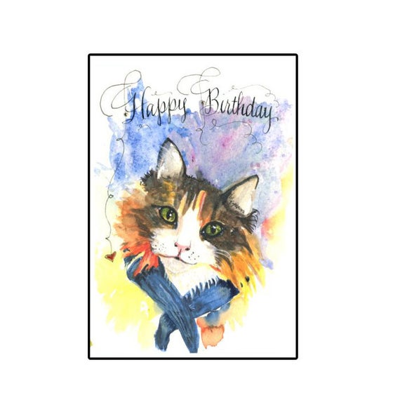570x570 Handmade Calico Cat Happy Birthday Greeting Card Watercolor Etsy