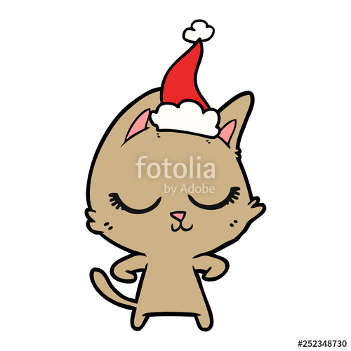 500x500 Calm Line Drawing Of A Cat Wearing Santa Hat Stock Image