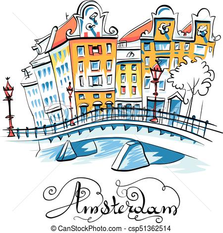450x470 vector city view of amsterdam canal color hand drawing, city view