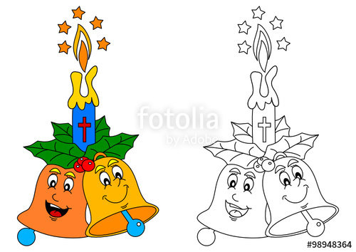 500x354 Two Colorful Merry Bells And Candle Flame As A Coloring Book