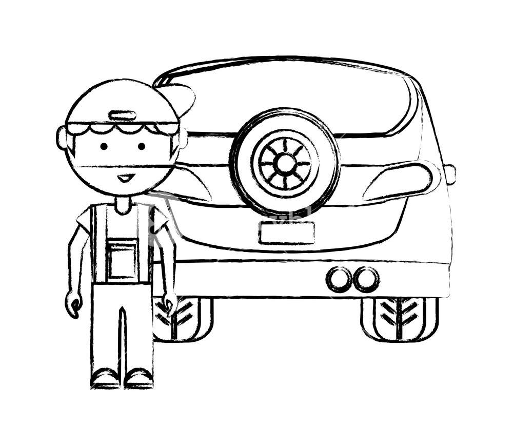 1000x867 Cartoon Mechanic And Car Over White Background, Vector