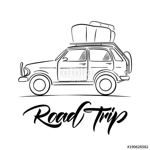 500x500 Hand Drawn Travel Car With Luggage On The Roof And Handwritten