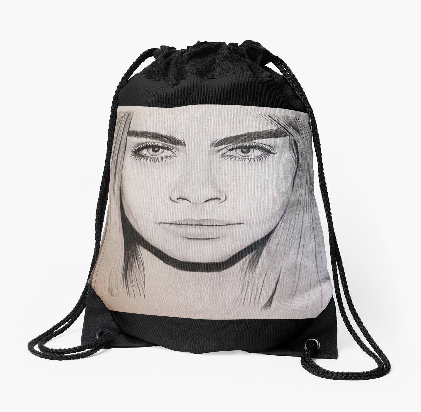 1435x1404 cara delevingne portrait drawing drawstring bag