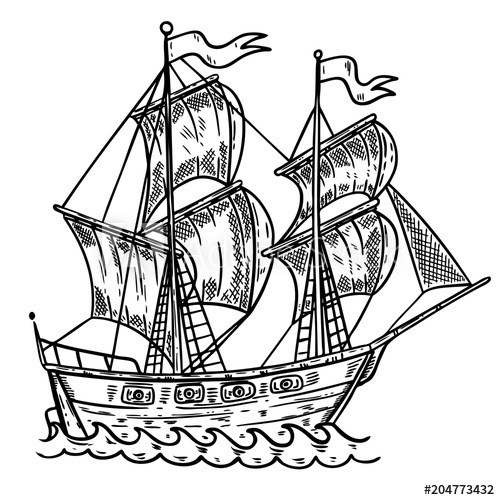 500x500 Hand Drawn Sea Ship Illustration On White Background Design