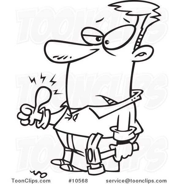 581x600 Cartoon Black And White Line Drawing Of A Carpenter With A Swollen