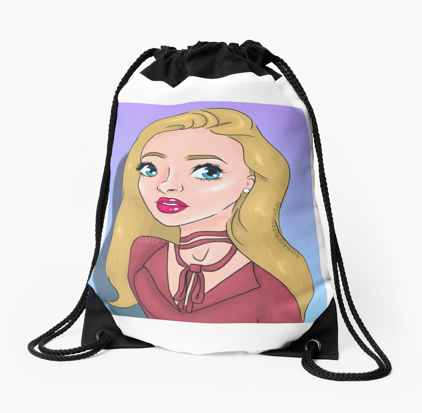 1435x1404 cartoon y drawing of sabrina carpenter drawstring bag