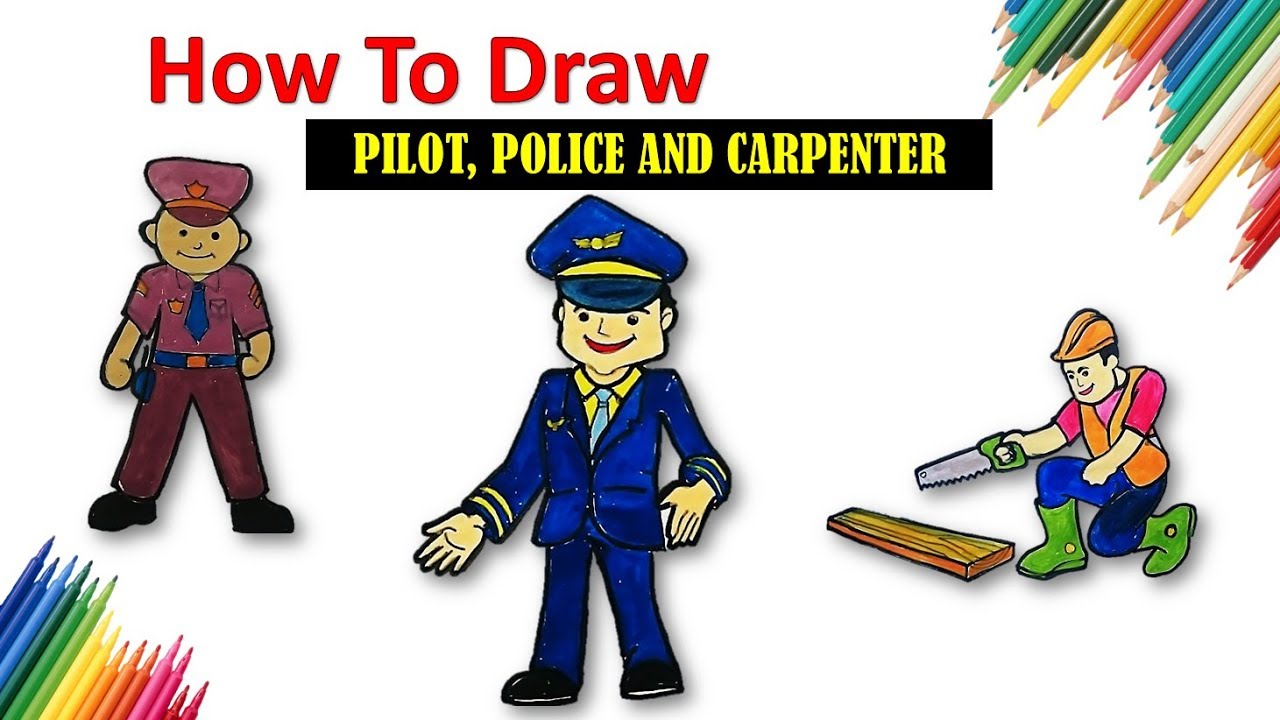 1280x720 How To Draw Police, Pilot And Carpenter Coloring And Drawing